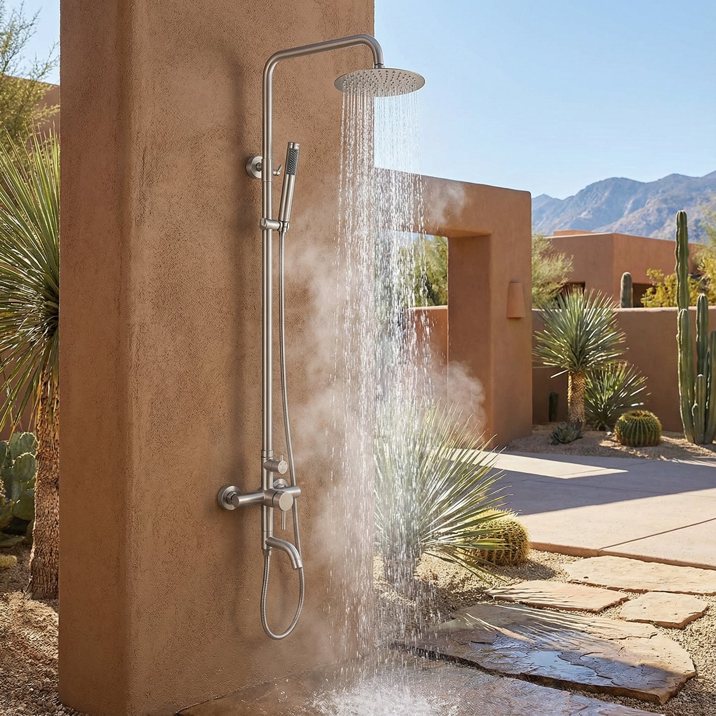 Douche d'extérieur Keoni en acier inoxydable à triple fonction - Brossé