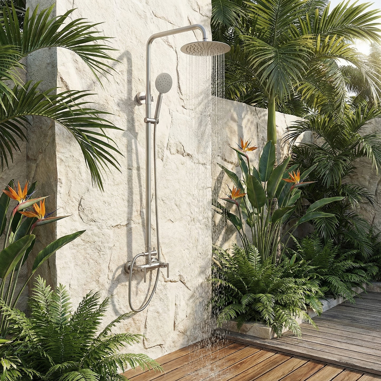 Douche d'extérieur Mateo en acier inoxydable à double fonction - Brossé