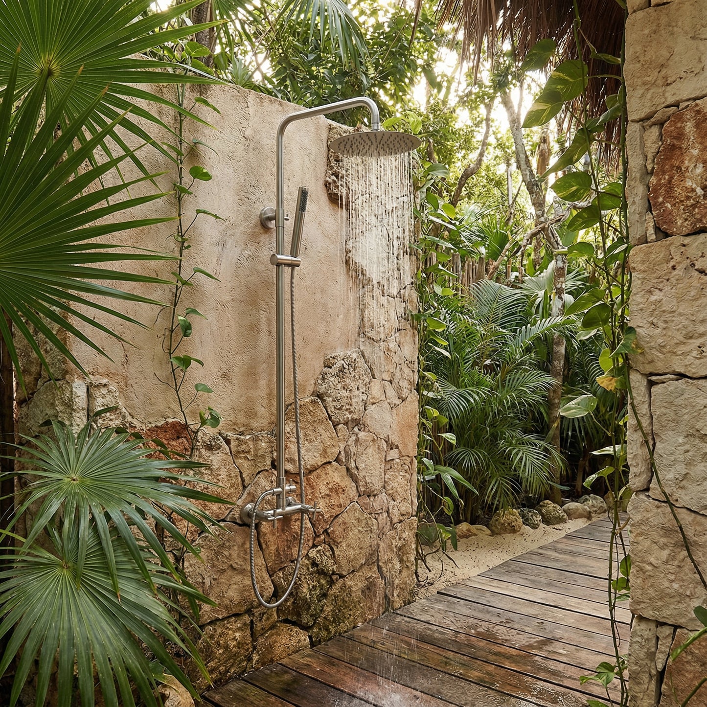 Douche d'extérieur Monti en acier inoxydable à double fonction - Brossé