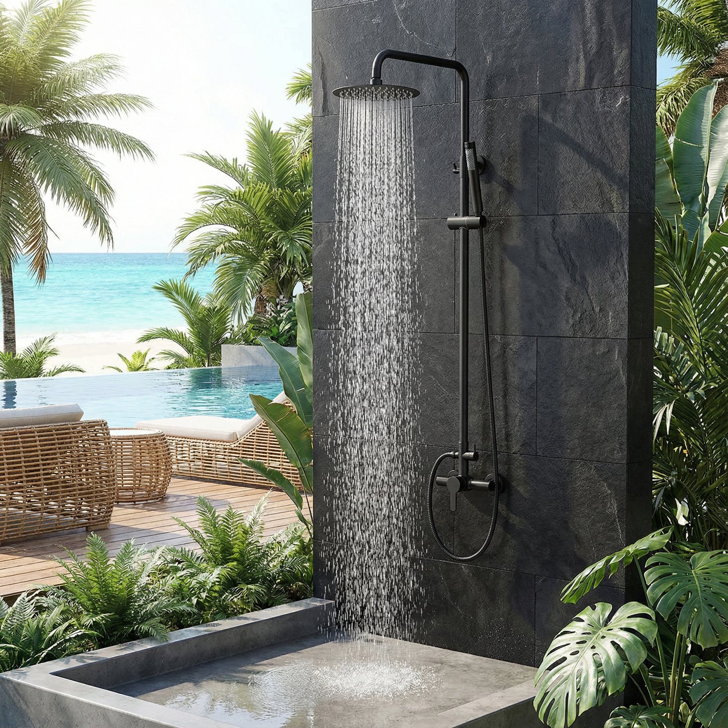 Douche d'extérieur Makai en acier inoxydable à double fonction - Noir mat