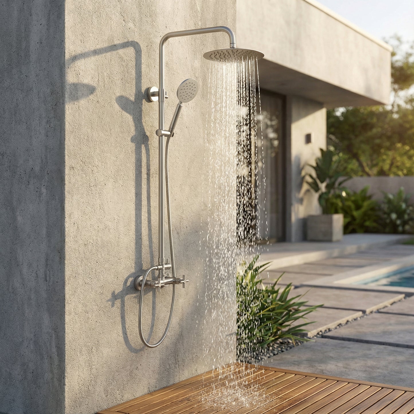 Douche d'extérieur Mariano en acier inoxydable à double fonction - Brossé