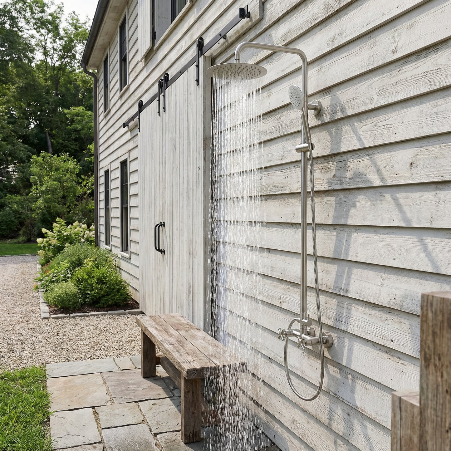 Douche d'extérieur Mariano en acier inoxydable à double fonction - Brossé