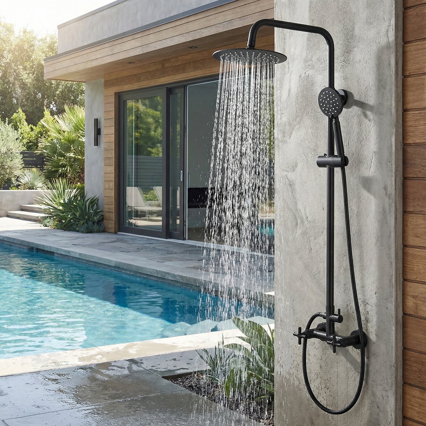 Douche d'extérieur Mariano en acier inoxydable à double fonction - Noir mat